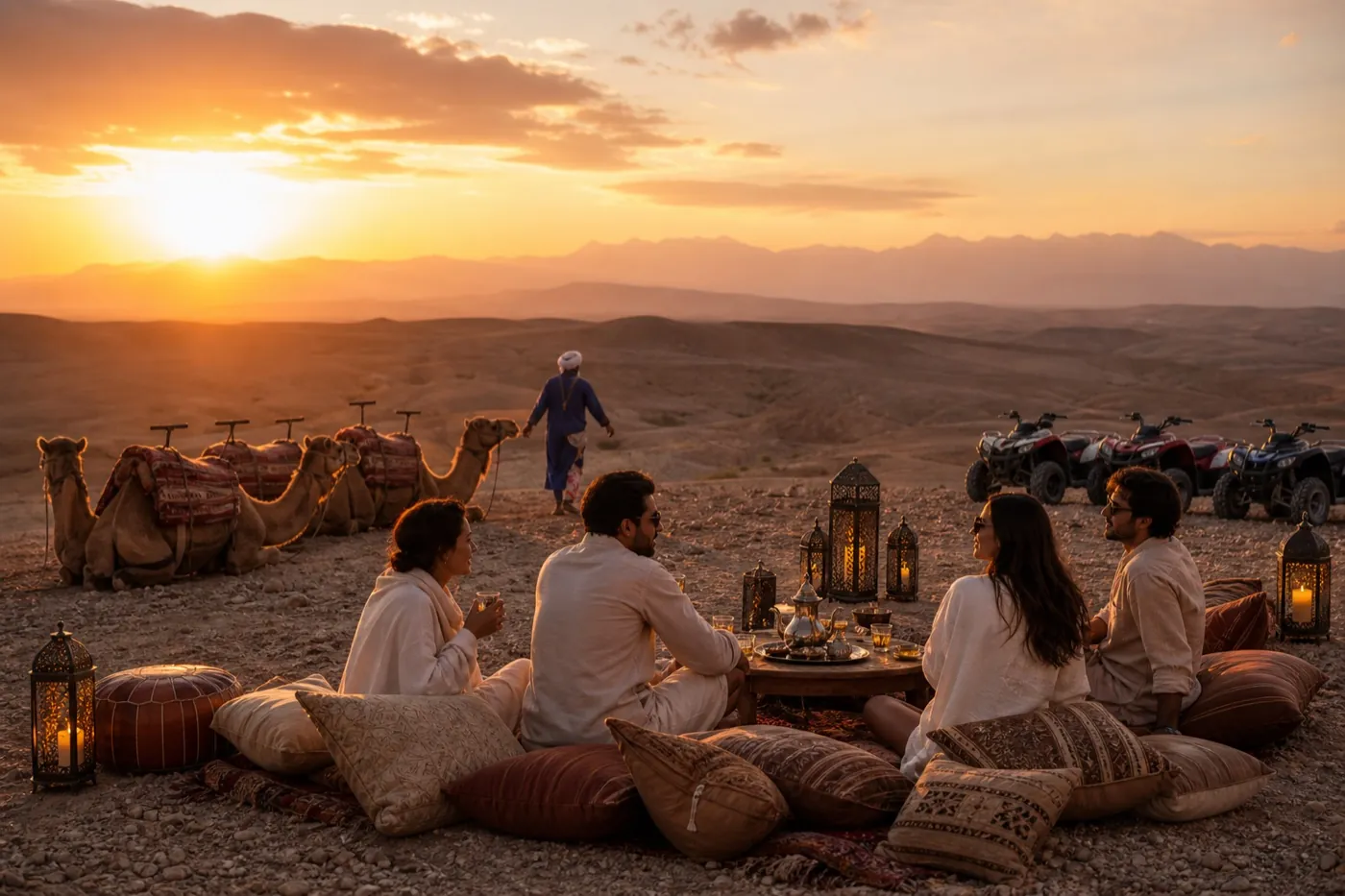 Agafay desert sunset with camels, quads and Moroccan tea