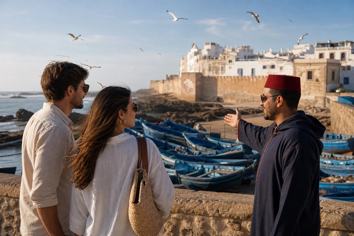 Essaouira harbor with blue boats and a private guide