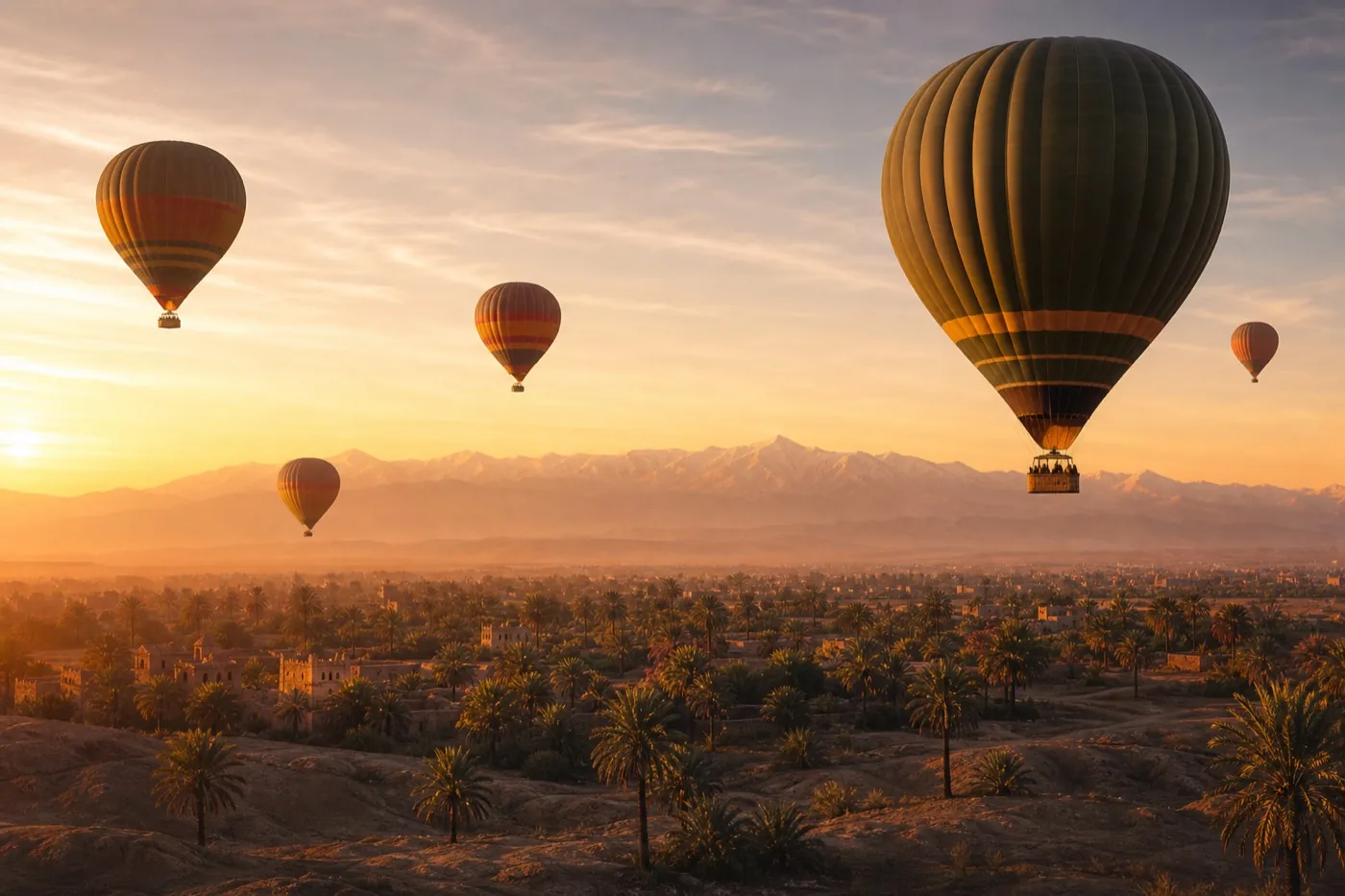 Hot air balloons flying at sunrise near Marrakech and the Atlas Mountains