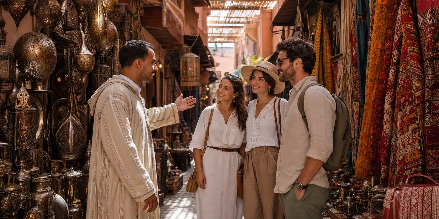 Private guide with travelers in Marrakech medina souks